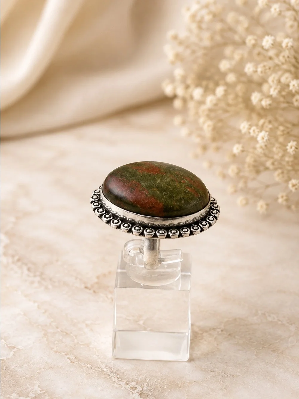 925 Sterling Silver Large Oval Green Natural Stone Cabochon Statement Ring